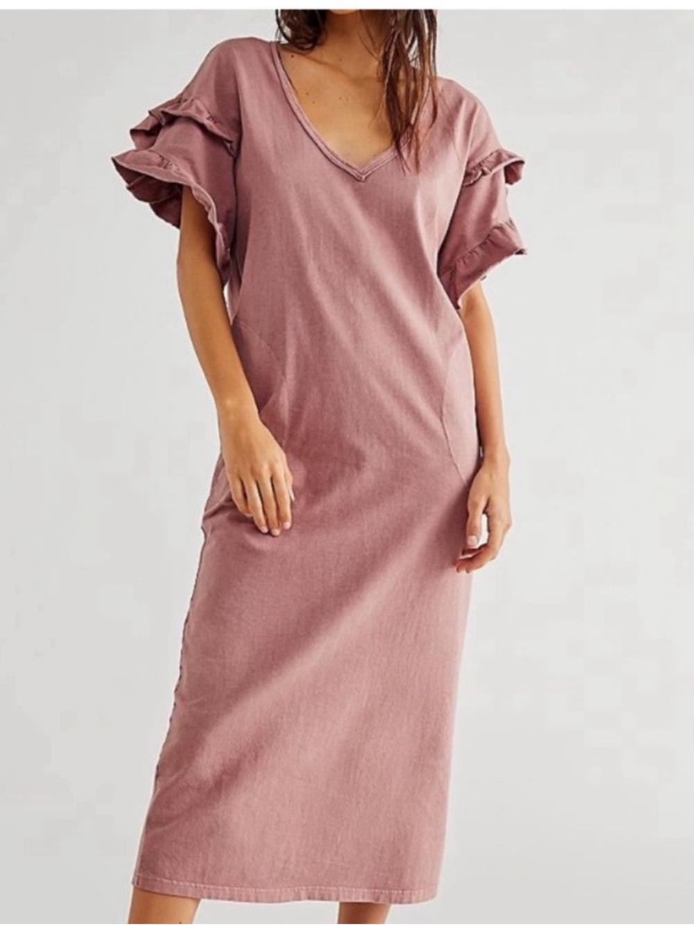 Women's Midi Dress in Dusty Mauve with Ruffle Sleeves